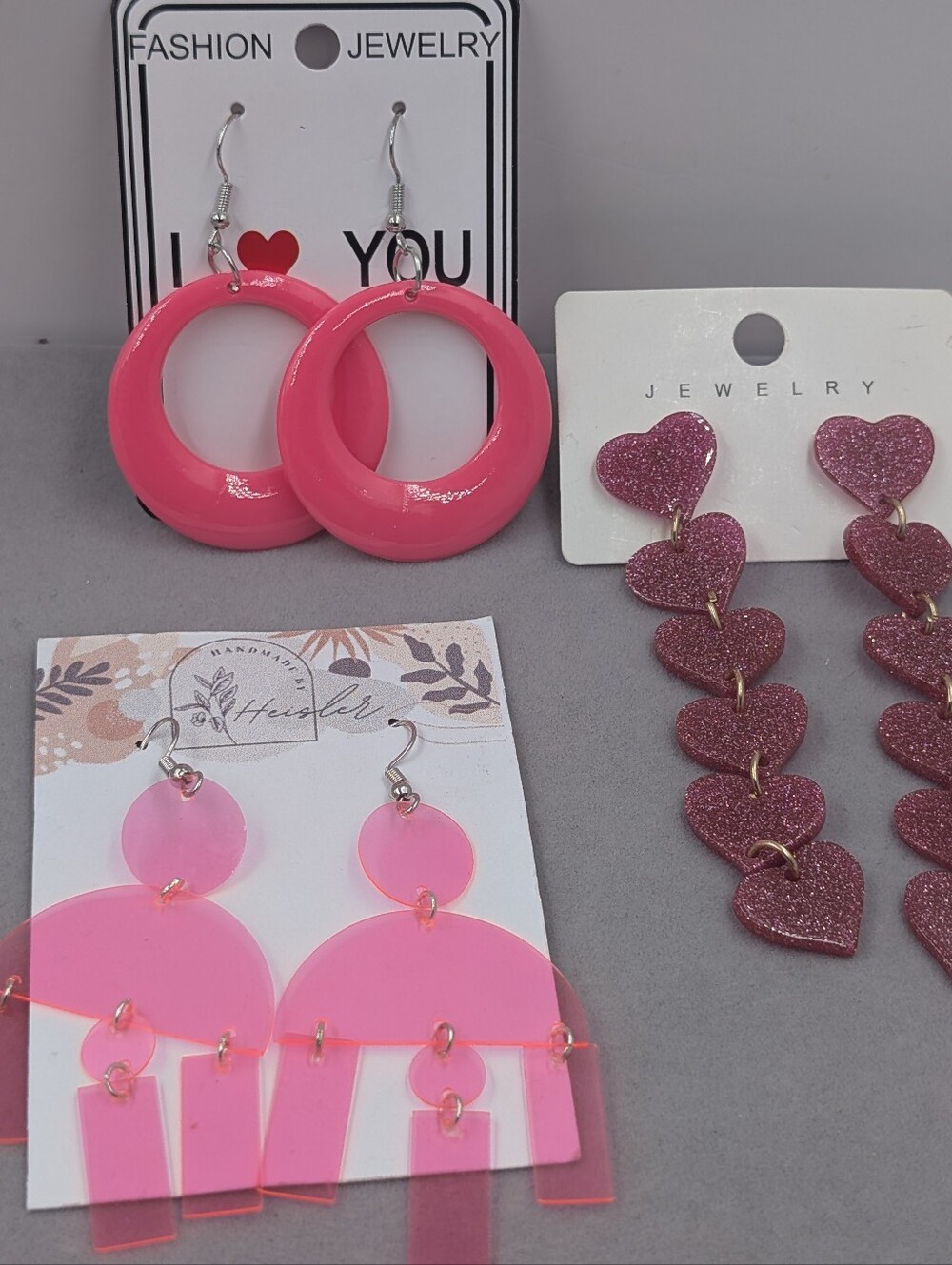 3 Pair Pink Statement Earring Bundle Hearts Neon Hoops Acrylic Y2K | 1135